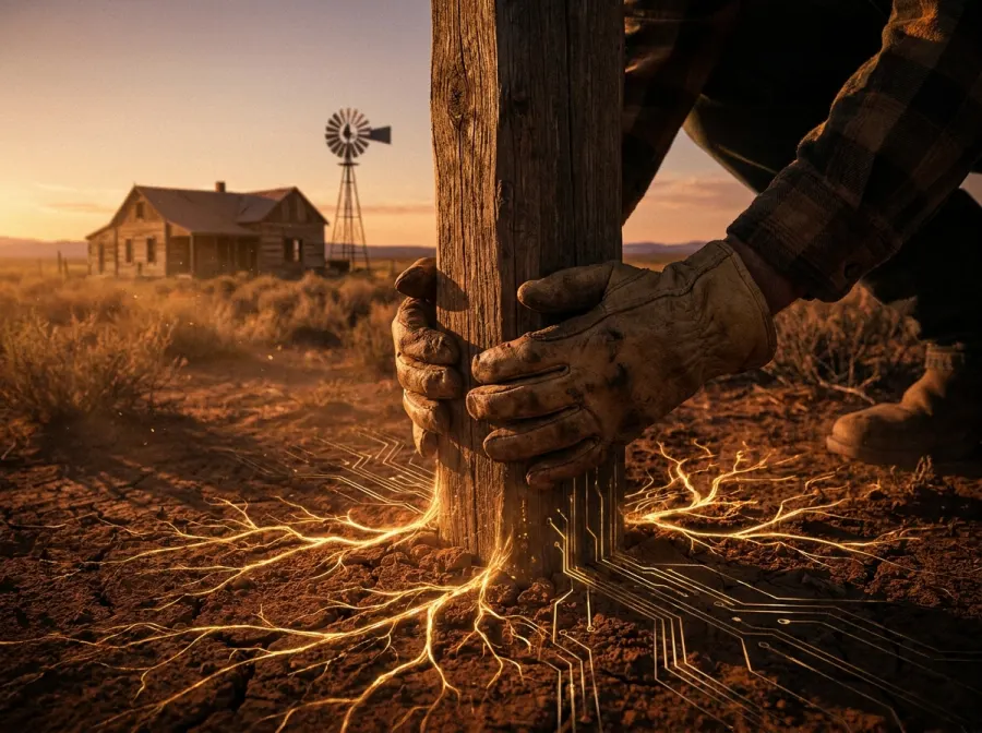 Weathered hands setting a fence post whose glowing roots spread deep into the earth